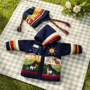 Navy Blue Animal Adventure Knit Hoodie and Hat Set
